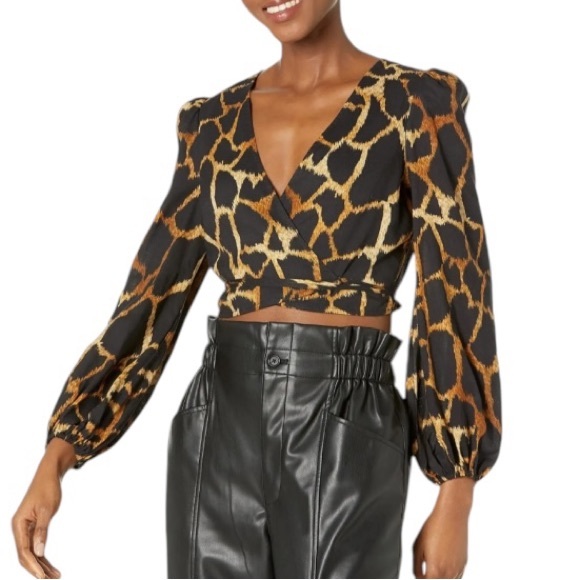 MILLY Wynona Giraffe Printed Wrap Tie Waist Puff Sleeve Cropped Linen Blouse - S - Picture 4 of 16